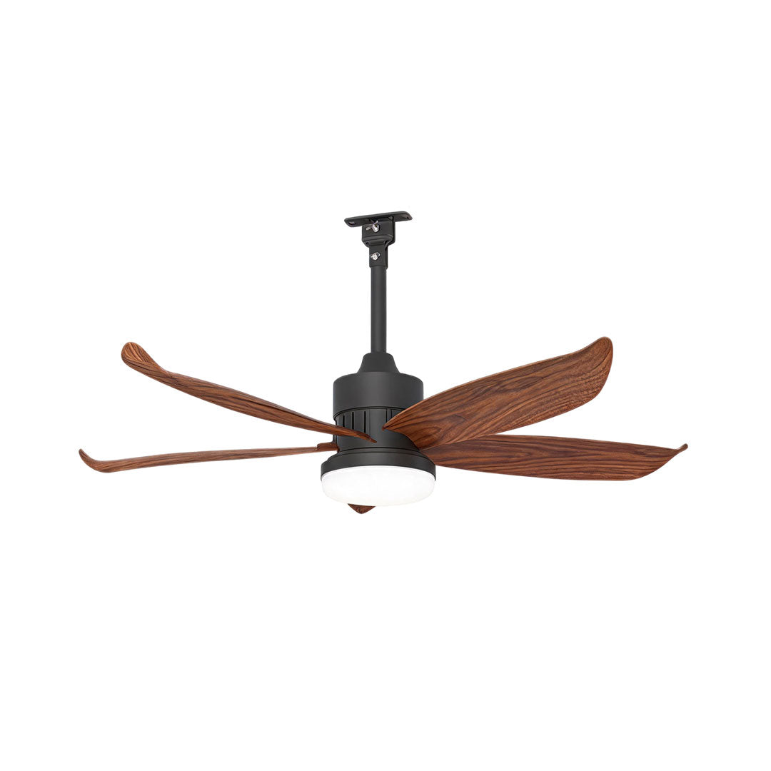 Modern ceiling fans with lighting with wood-tone blades, a black motor housing, and an integrated light kit.