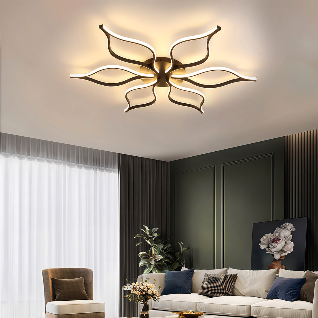 Modern ceiling lights flush mount creating focal point in contemporary living room with grey sofa