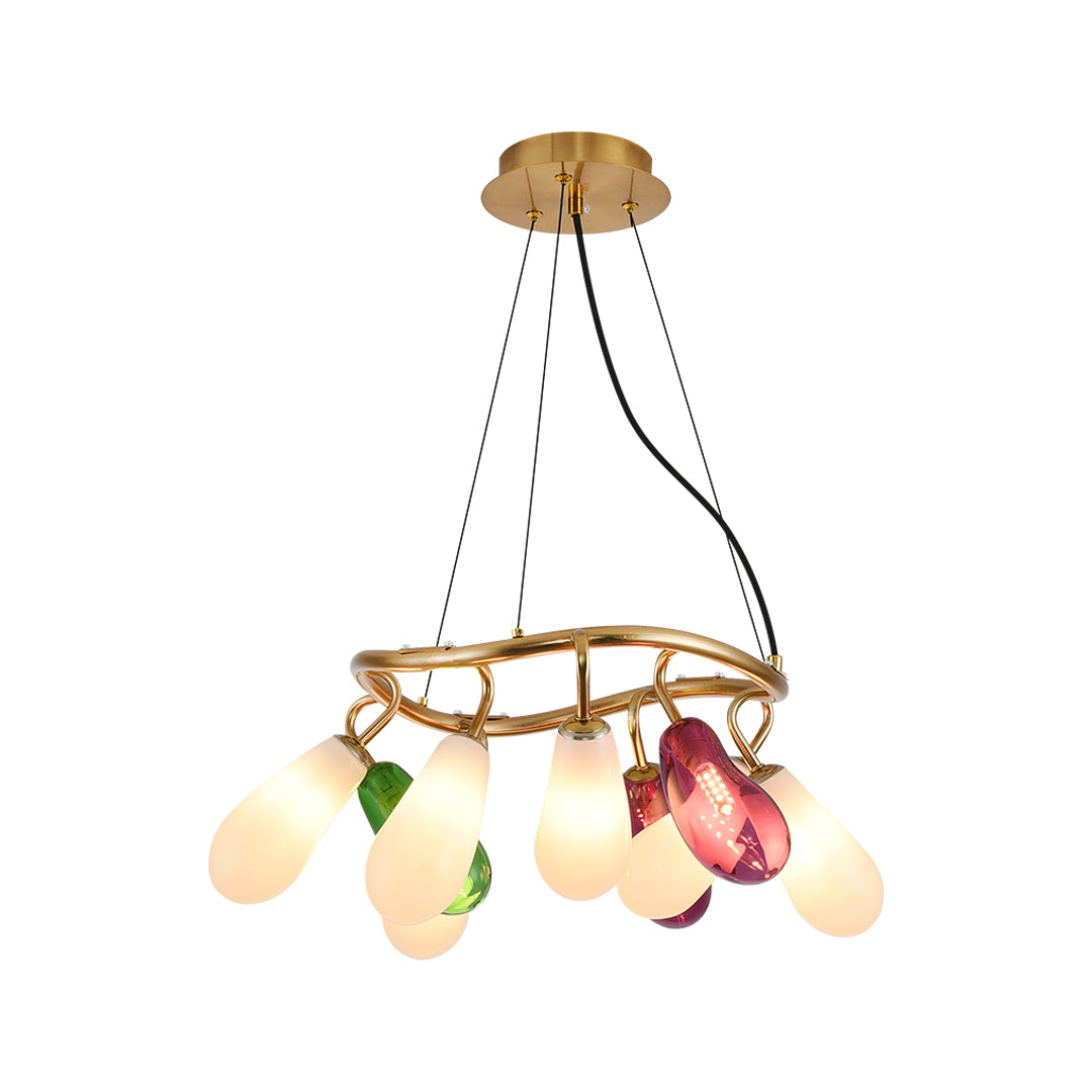 Side angle of modern chandelier showing layered arrangement of colorful glass bulbs and adjustable suspension.