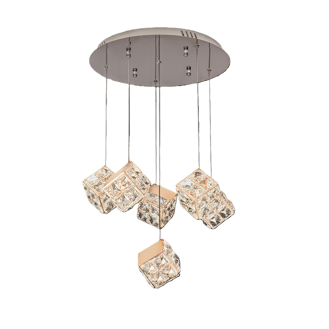 Modern chandelier with crystals featuring glass shade chandelier aesthetic in circular canopy with cascading cube-shaped crystal pendants.
