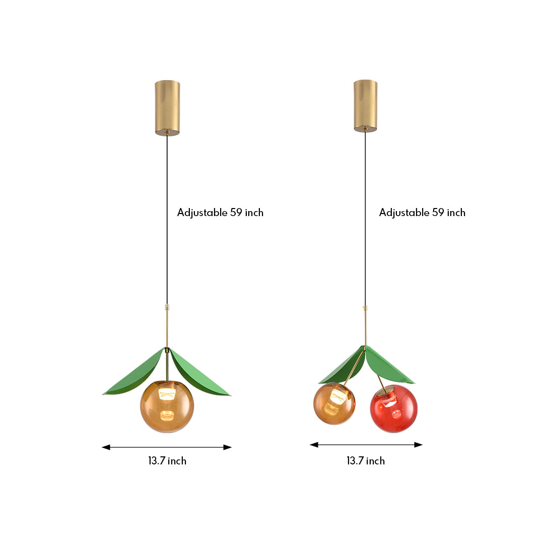 Modern glass globe pendant light fixture with cherry-shaped colored orbs and green leaf accents