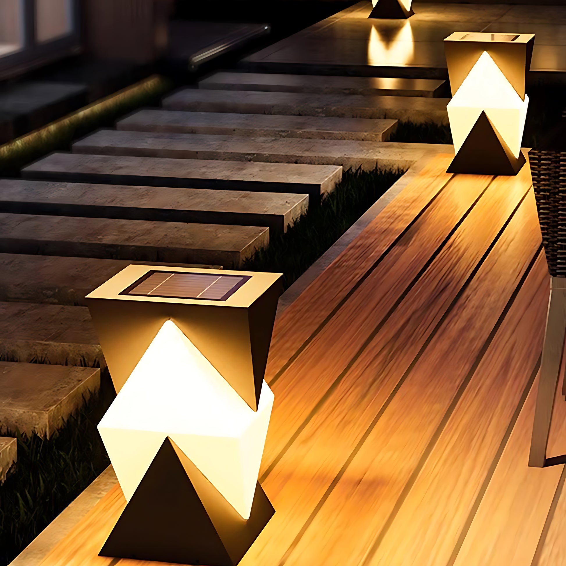 Modern chevron pillar light installed on wooden deck with special pillar lighting effects
