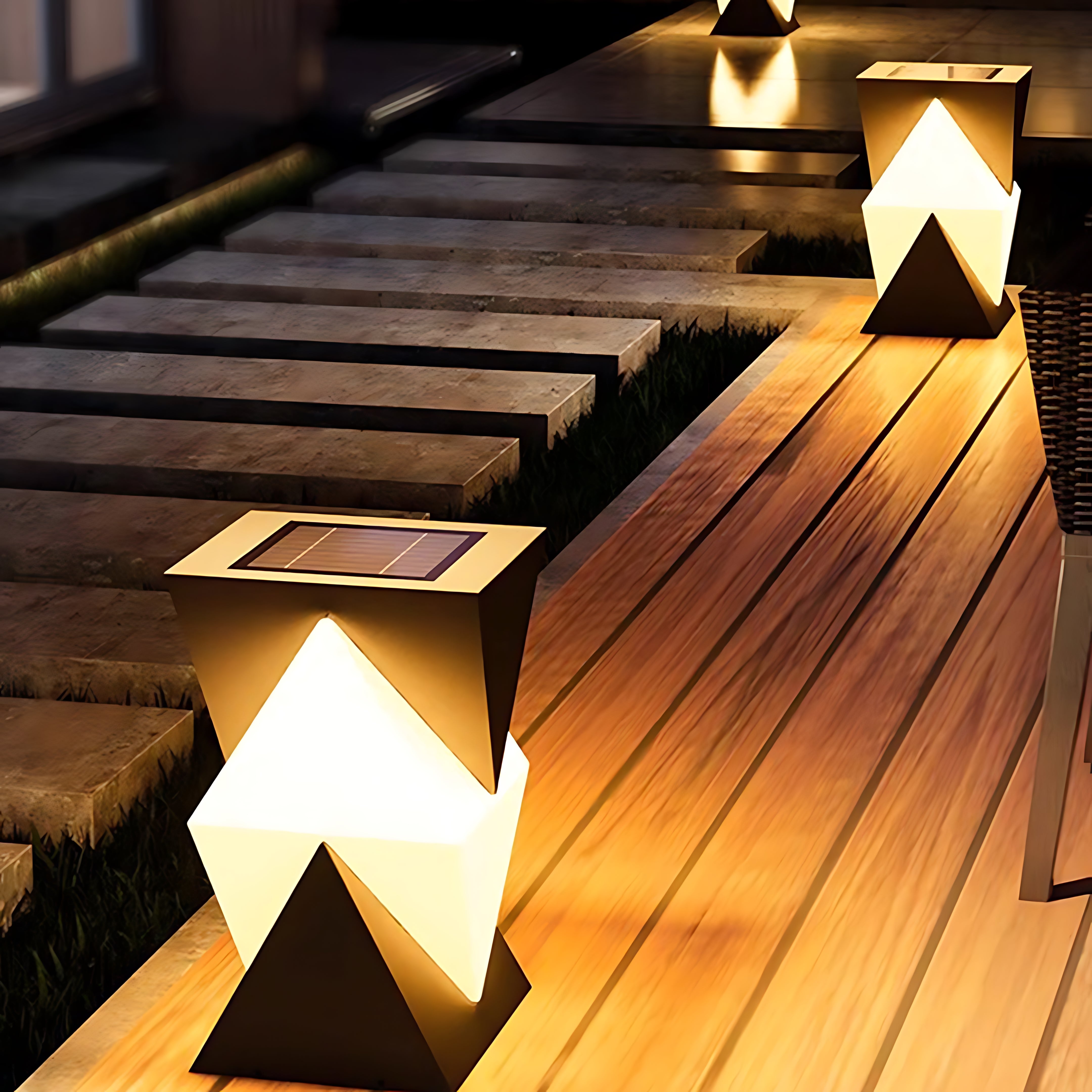 Modern chevron pillar light installed on wooden deck with special pillar lighting effects