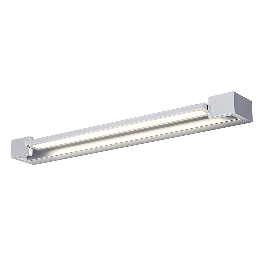 Modern chrome bathroom vanity light featuring minimalist linear design with integrated LED strip