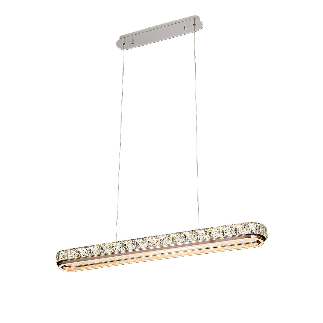 Modern chrome pendant light with a sleek rectangular design and crystal accents, perfect for contemporary interiors.