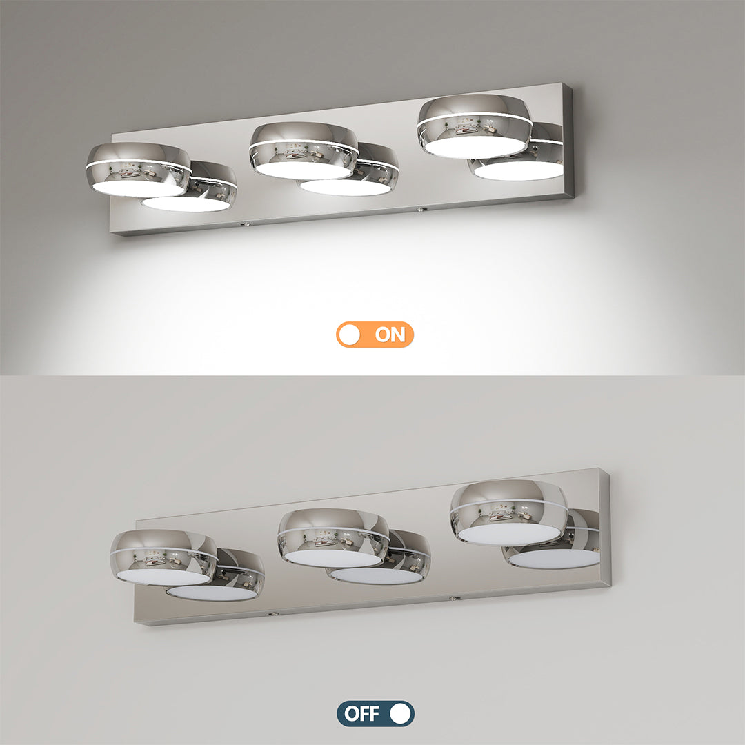 Modern chrome bathroom vanity light with glass shade chandelier aesthetic showing warm/cool light temperature comparison.