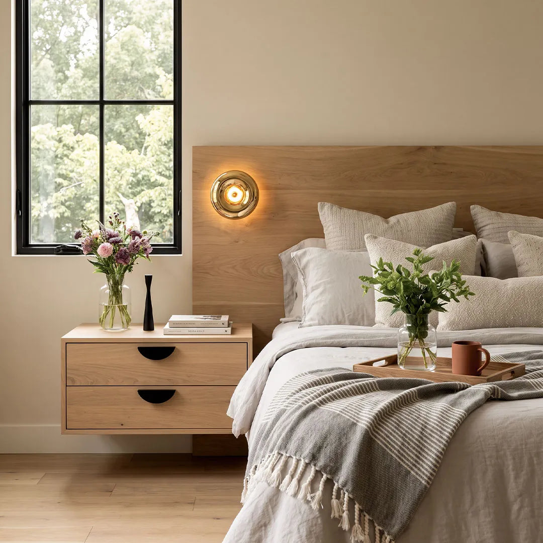 Modern chrome wall sconce mounted above a wood nightstand in a cozy bedroom setting.