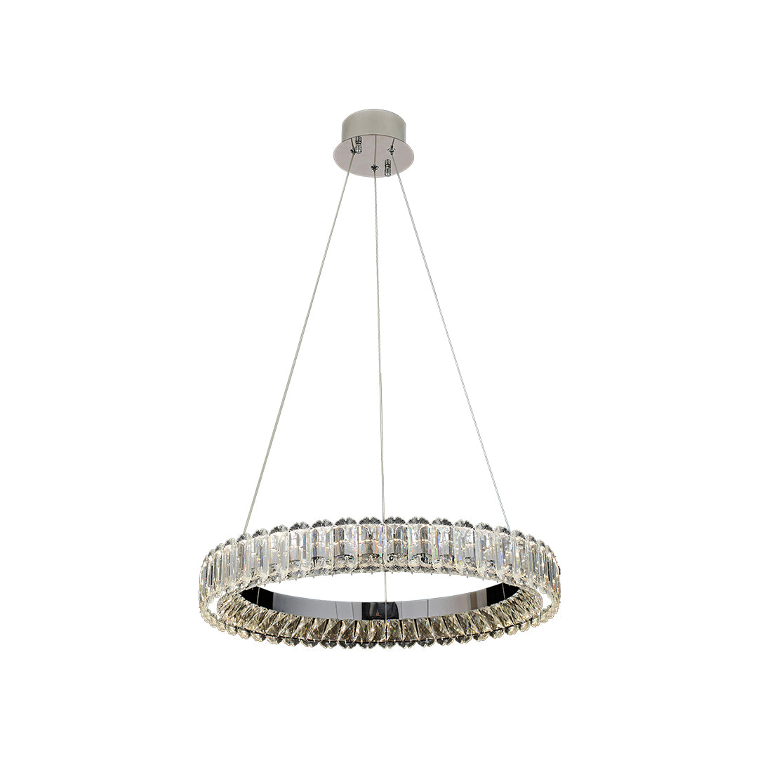 Modern circle chandelier with a sleek metallic frame and crystal details, perfect for contemporary interiors.