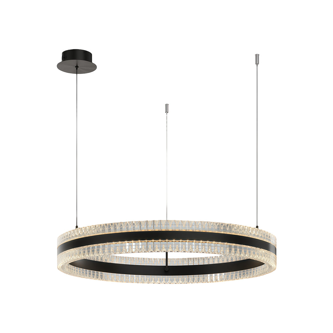 Modern circular chandelier with a black and gold finish, hanging in a modern interior.