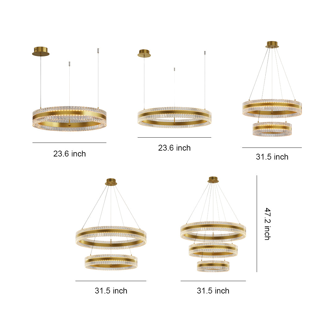 Three-tier modern circular chandelier in black finish with crystal-accented rings suspended by cables.