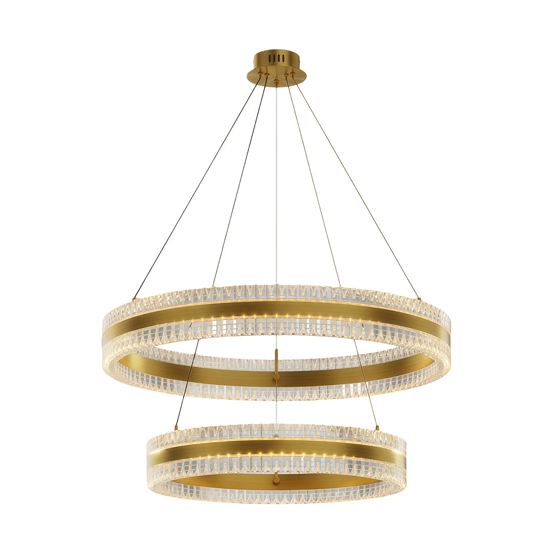 Modern circular chandelier with a crystal-embedded design, hanging in a stylish interior.