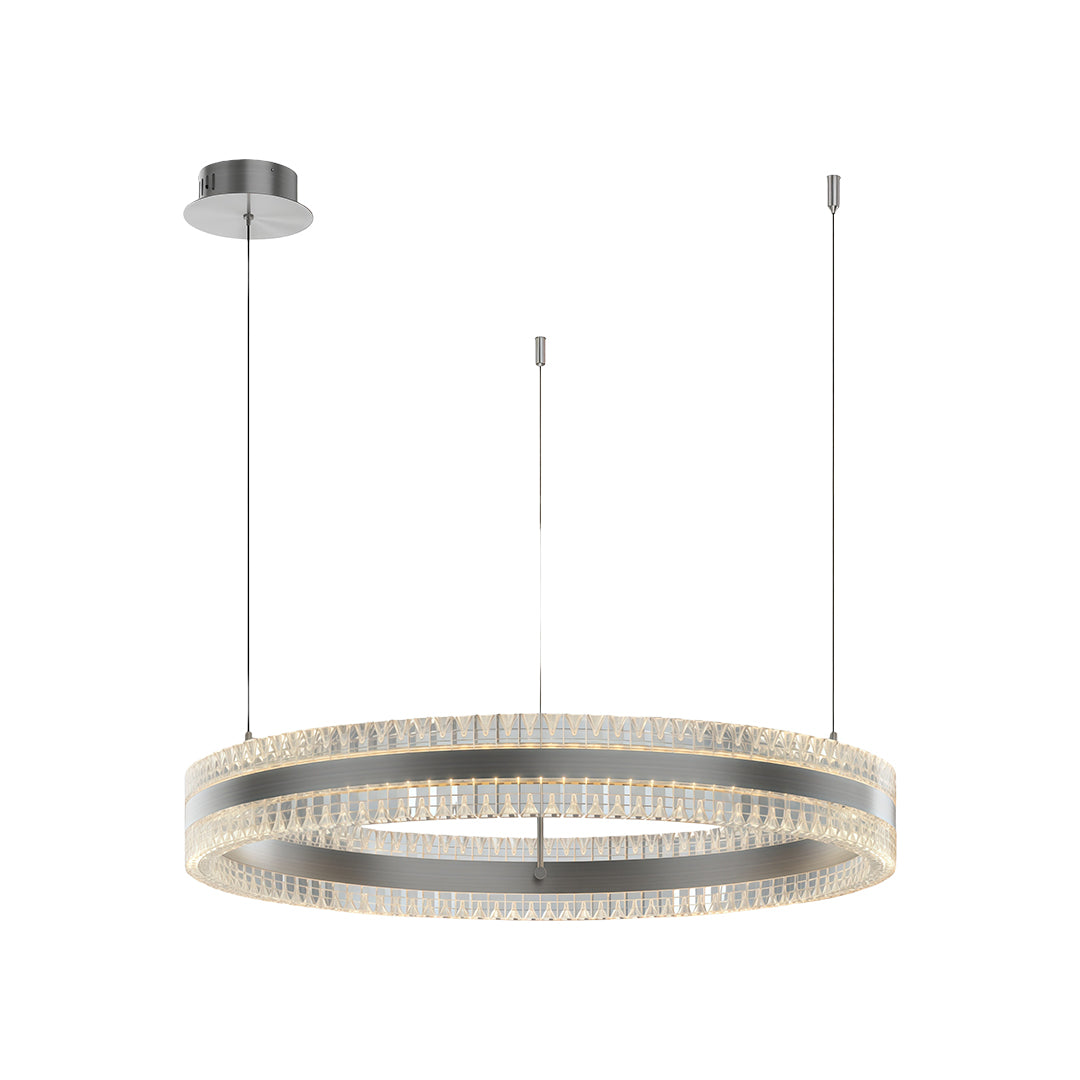 Modern circular chandelier with a gold finish, showcasing its elegant design.