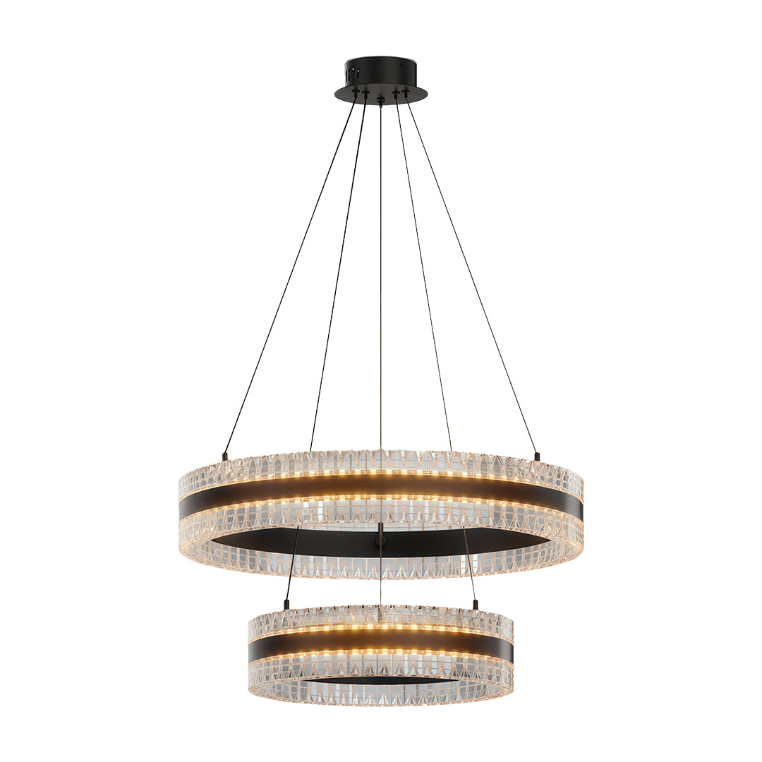 Modern circular chandelier with a gold finish, adding warmth to a modern dining room.