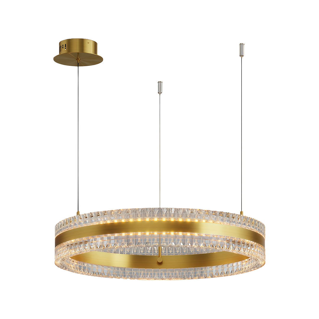 Gold three-tier modern circular chandelier featuring crystal-lined rings and suspended cable design.
