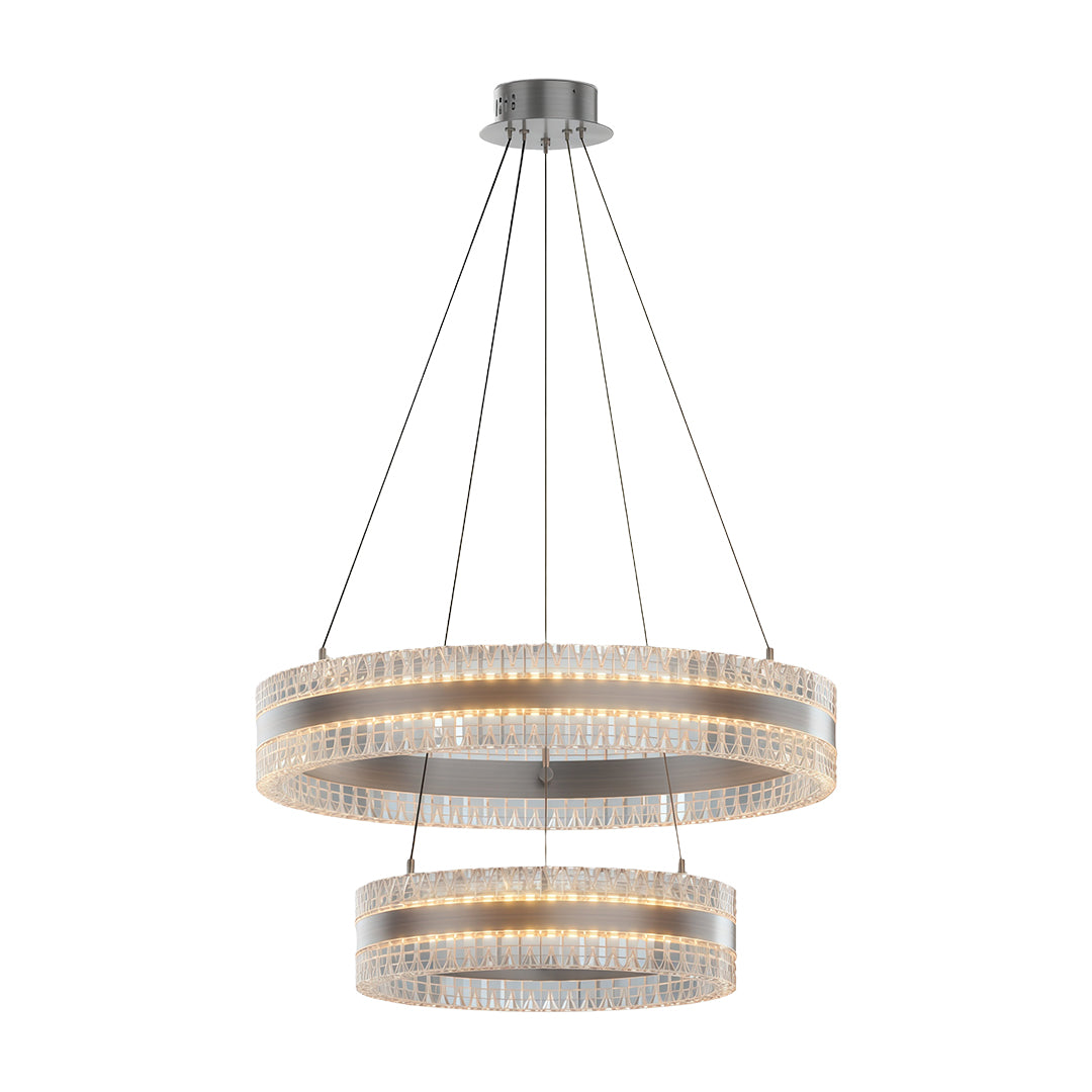 Minimalist dining space illuminated by a clean gold double-ring modern circular chandelier.