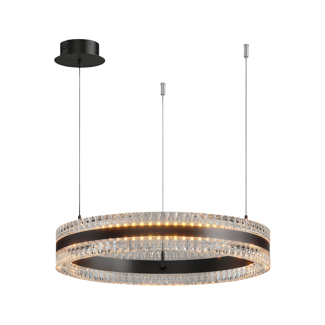 Modern circular chandelier with a silver finish, displayed against a white background.
