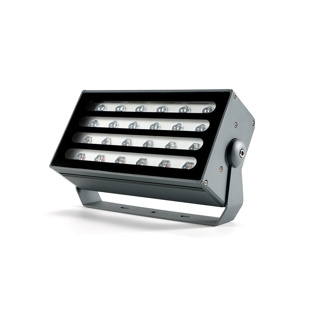 Modern colored flood lights with adjustable black aluminum housing and multi-LED outdoor design.