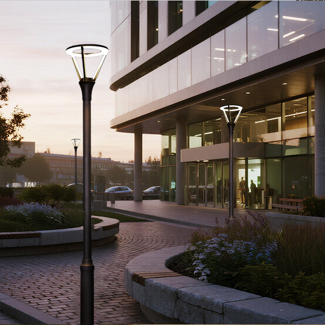 Modern commercial district lighting with architectural lamp posts complementing contemporary building design