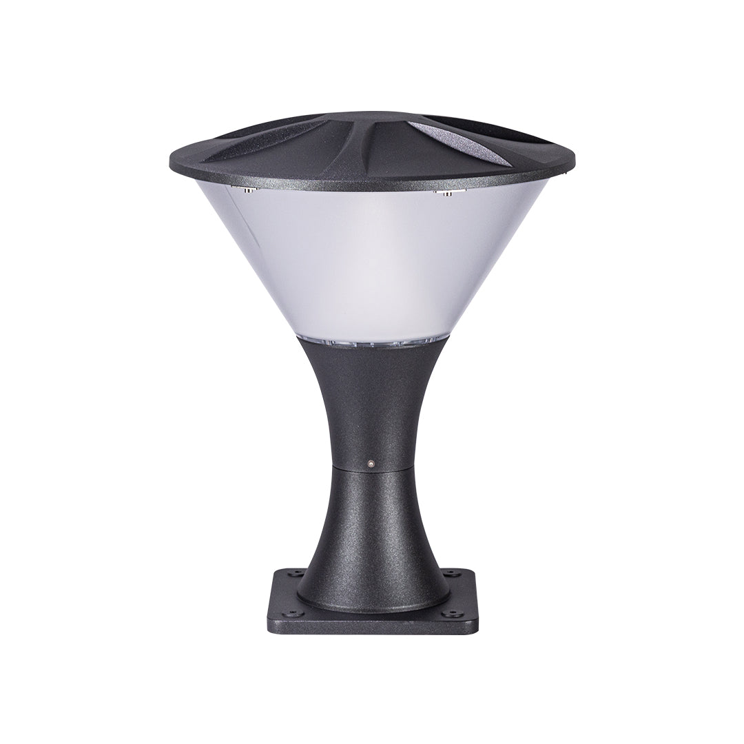 Modern black and white conical bollard light with geometric design for contemporary landscape lighting