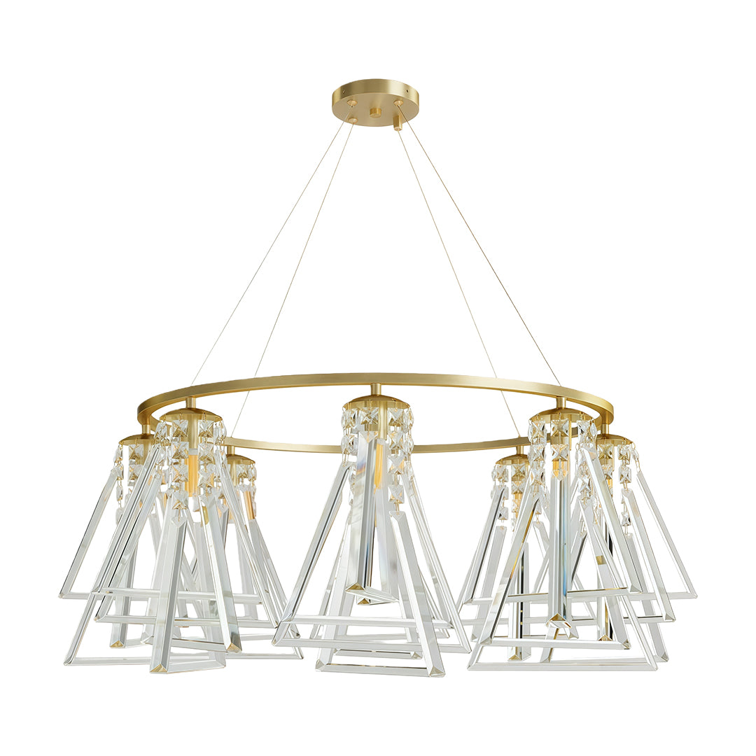 Modern contemporary crystal chandelier featuring glass shade chandelier aesthetic in brushed brass with geometric crystal shades in circular arrangement.