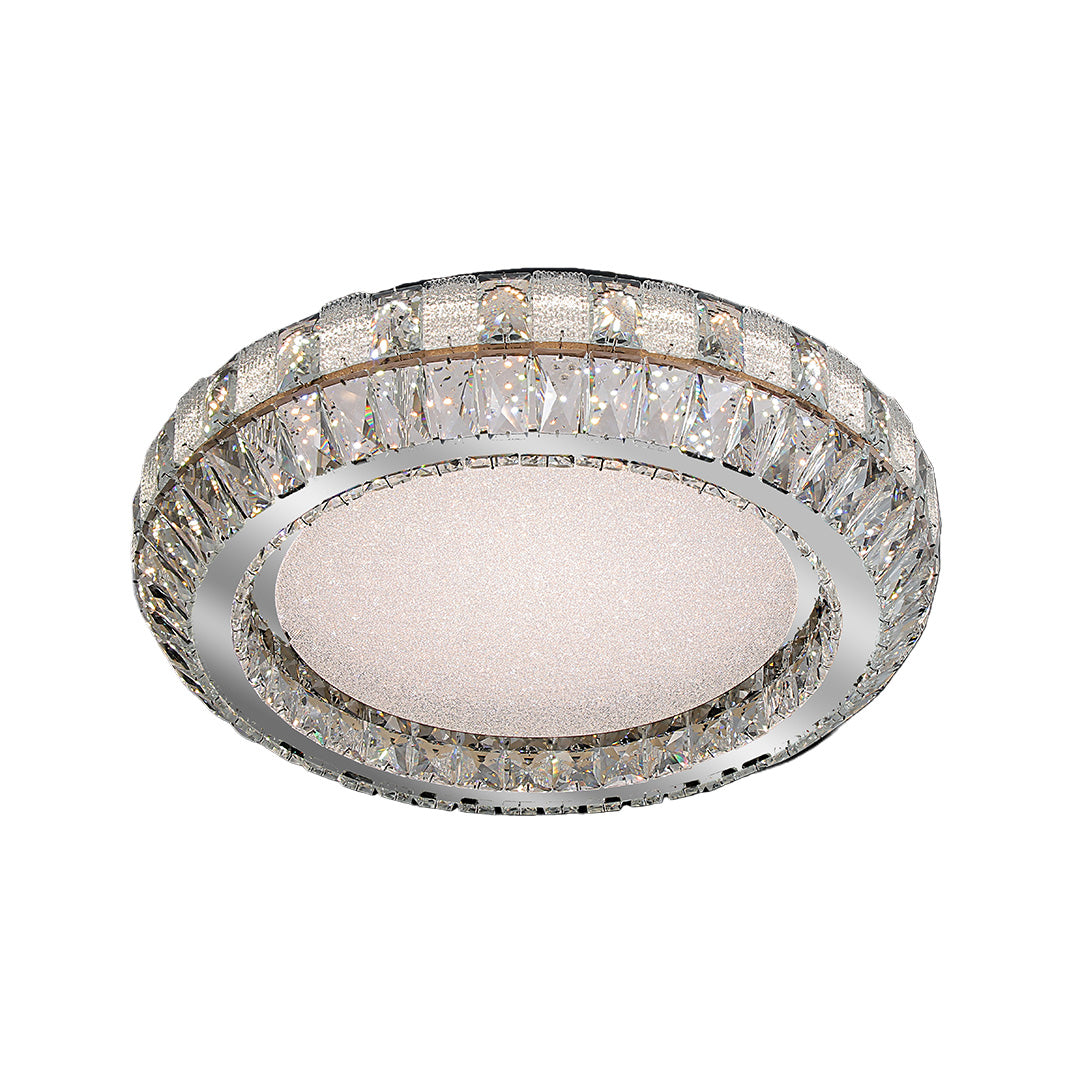 Modern contemporary flush mount light with a sleek round design and crystal accents, perfect for stylish interiors.