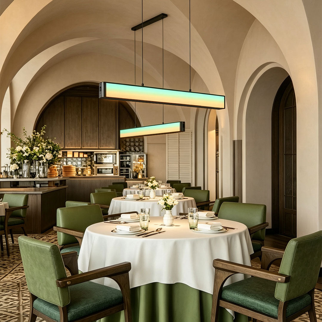 Modern contemporary linear chandelier installed in an elegant restaurant dining space.
