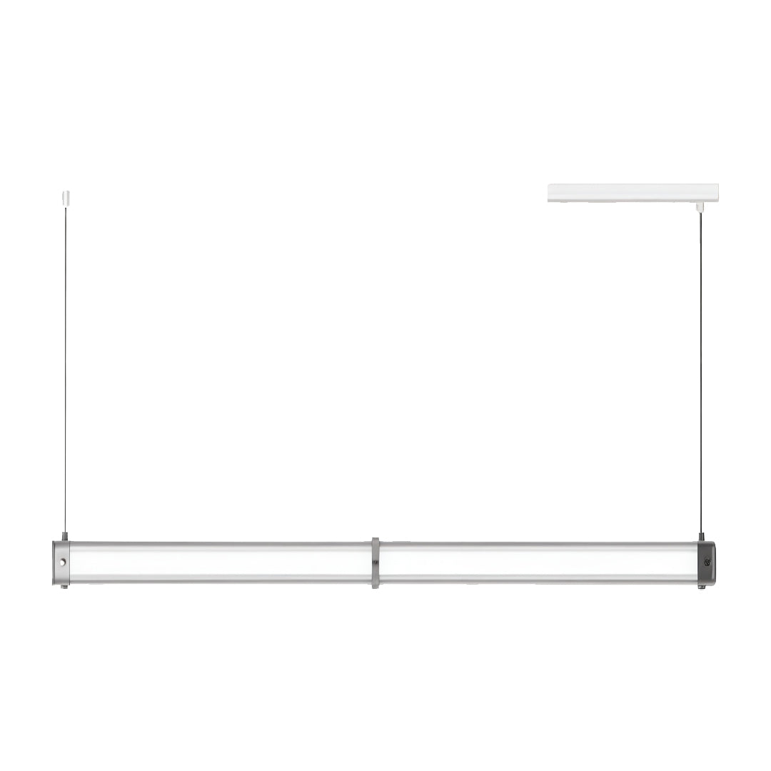 Modern contemporary linear suspension lighting fixture with slim rectangular profile and cable suspension design.