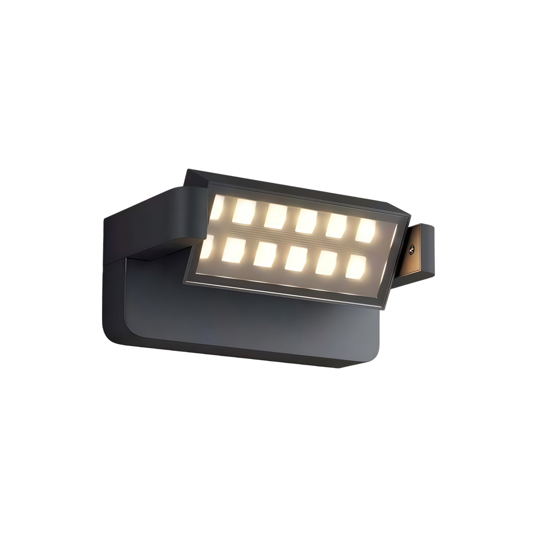 Modern contemporary outdoor wall light with black aluminum body and integrated LED illumination.