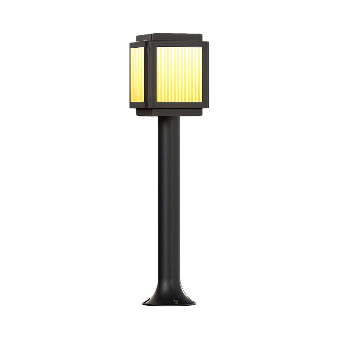 Modern contemporary solar path light with a sleek black square design and warm light, perfect for garden pathways.