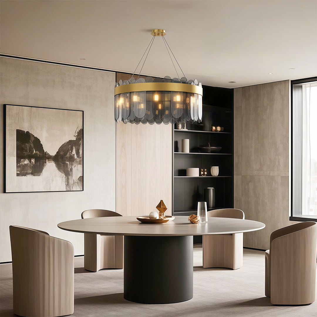 Modern copper chandelier creating focal point in contemporary dining space with grey walls