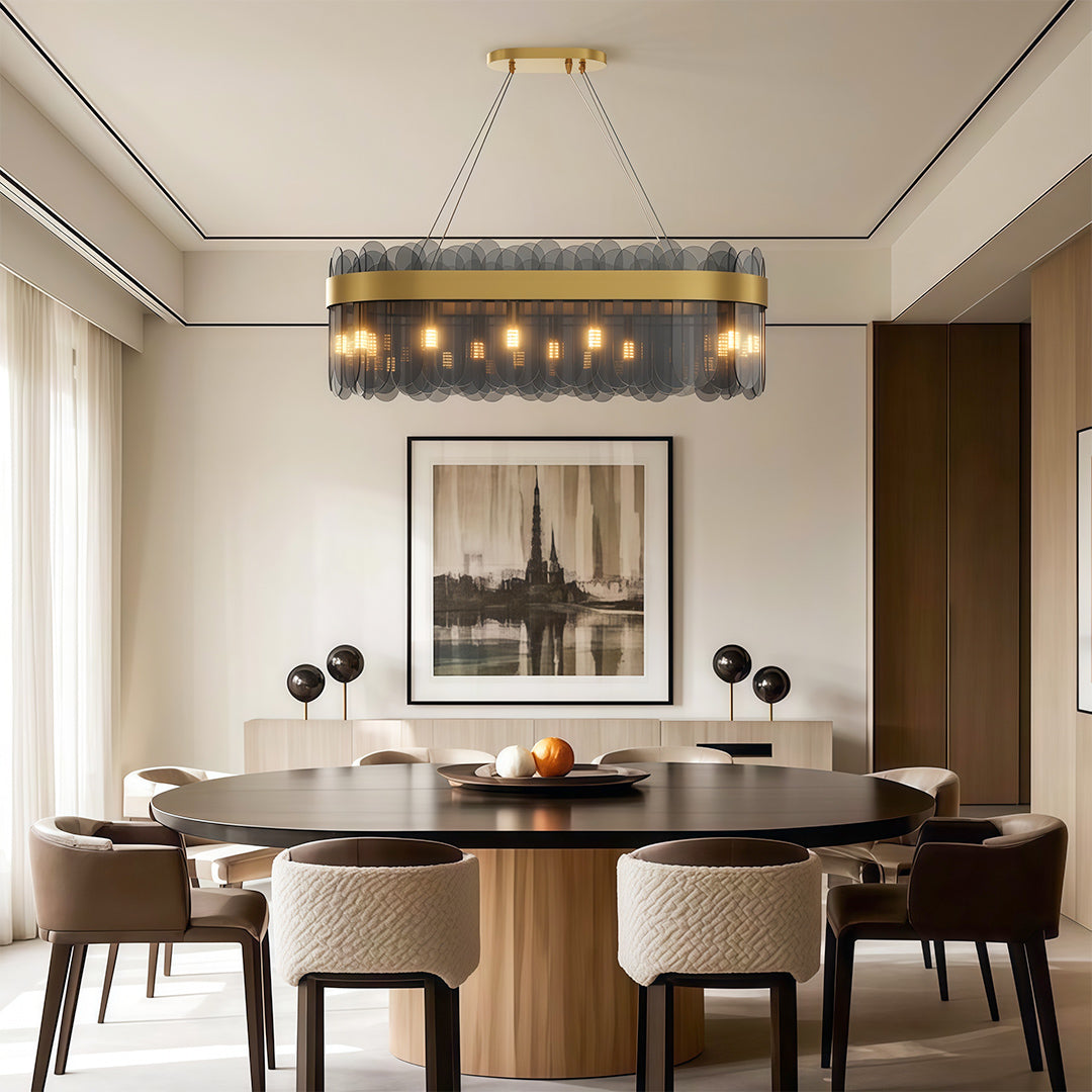 Modern copper chandelier enhancing sophisticated dining room with upholstered chairs