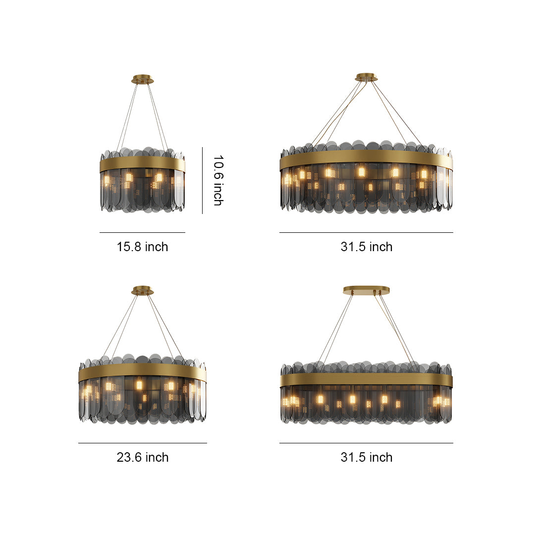 Modern copper chandelier specification diagram showing four size configurations with dimensions
