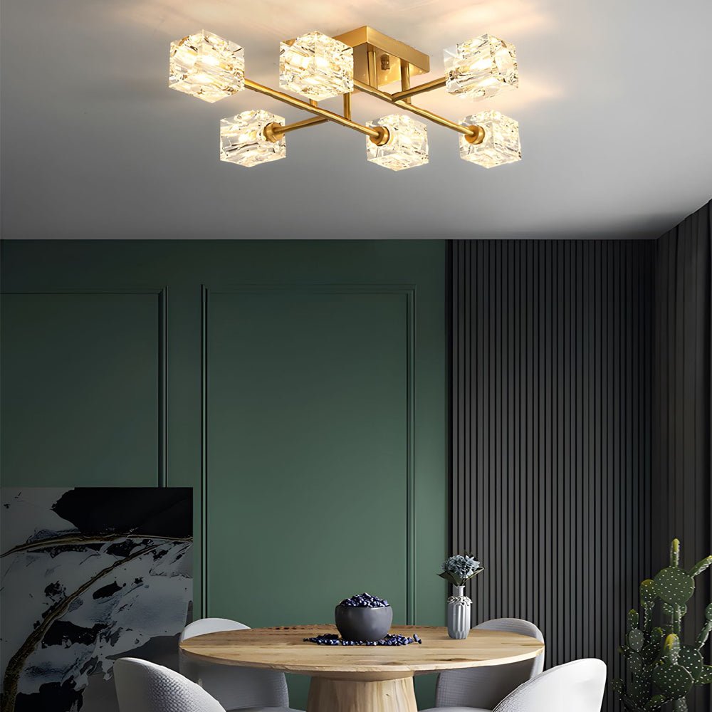 Modern Copper Crystal Cube Semi - Flush Mount Light Fixture, 4/6/8 - Light