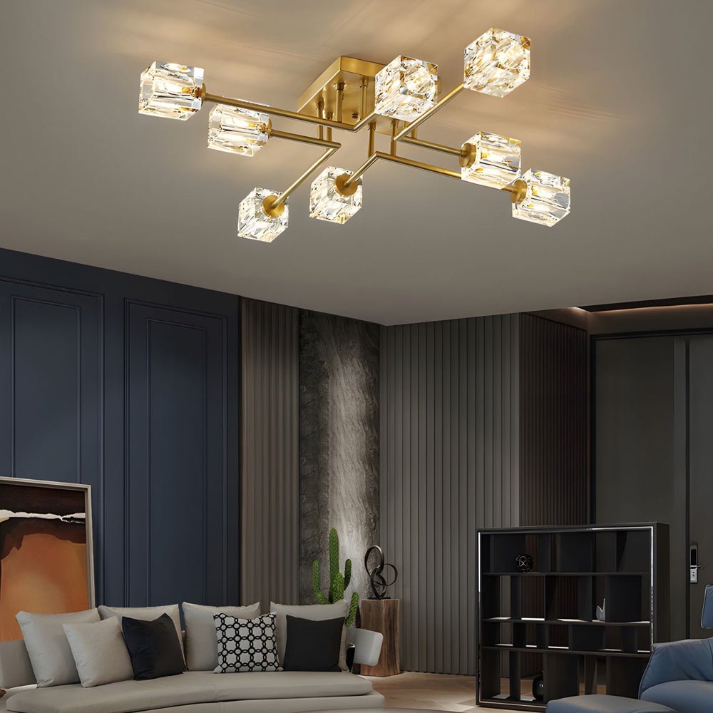 Modern Copper Crystal Cube Semi - Flush Mount Light Fixture, 4/6/8 - Light