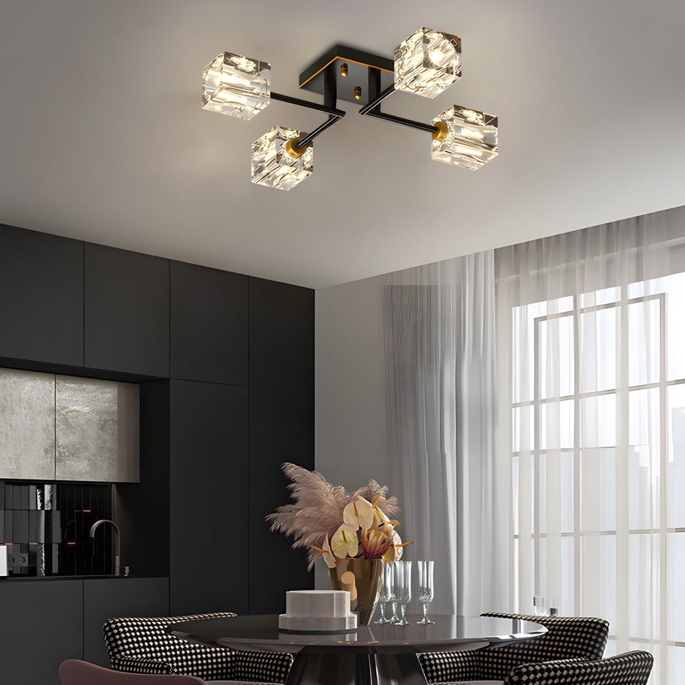 Modern Copper Crystal Cube Semi - Flush Mount Light Fixture, 4/6/8 - Light