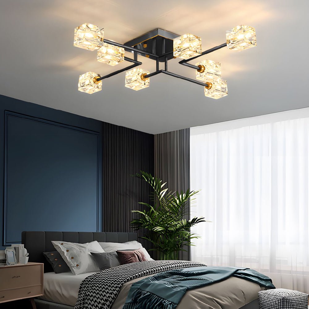 Modern Copper Crystal Cube Semi - Flush Mount Light Fixture, 4/6/8 - Light