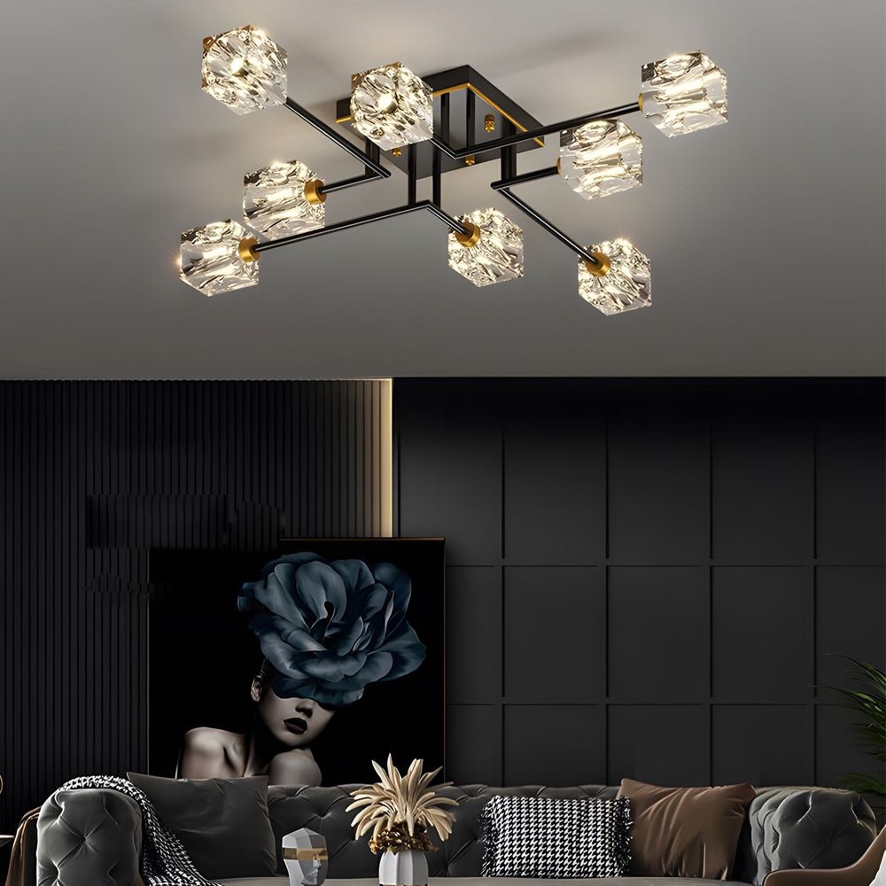Modern Copper Crystal Cube Semi - Flush Mount Light Fixture, 4/6/8 - Light