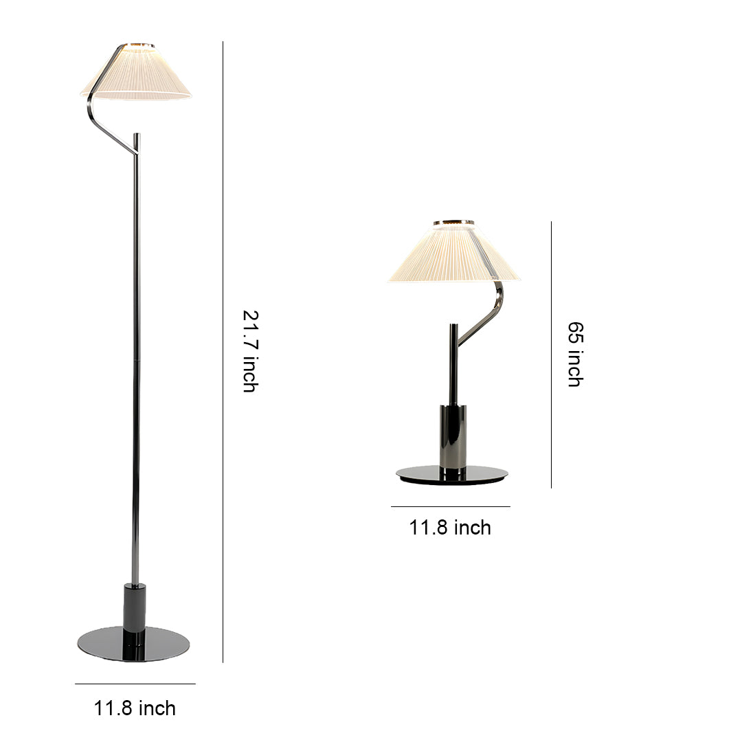 Modern craft floor lamp with adjustable arm and white fabric shade in a minimalist design