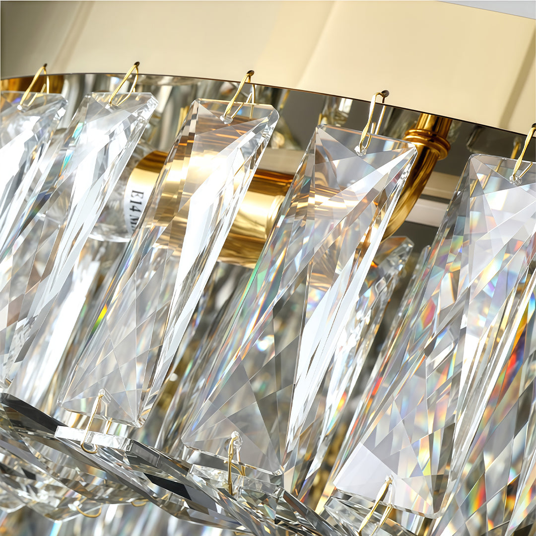 Close-up detail of crystal prisms on a modern crystal ceiling light.