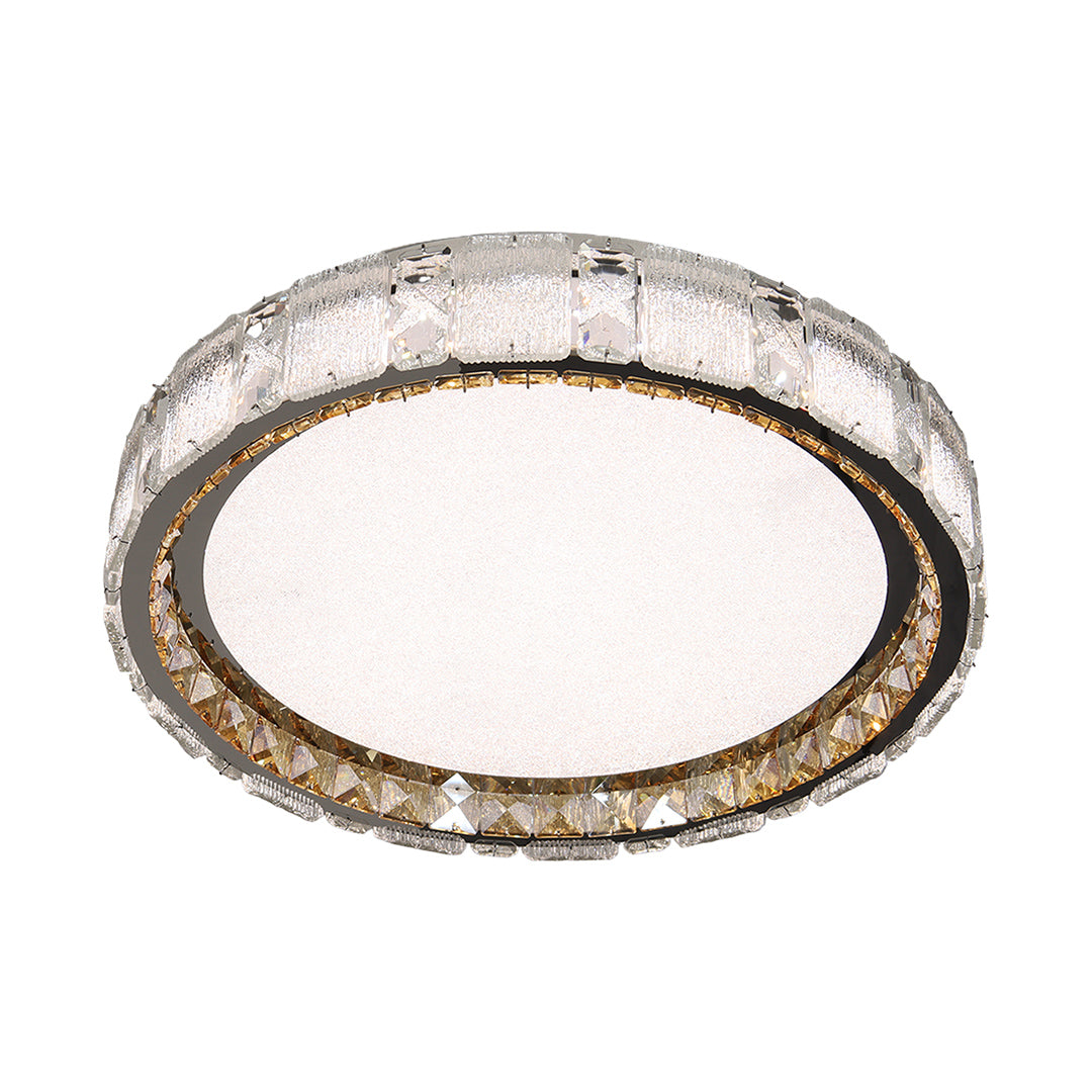 Modern crystal flush mount ceiling light featuring elegant crystal-encrusted frame with soft ambient glow