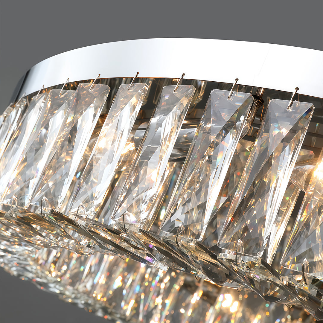 Detailed view of faceted crystals on a modern crystal ceiling light fixture.