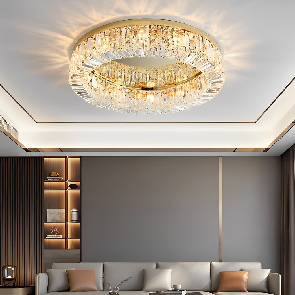 Gold modern crystal ceiling light installed in a high-end living room with layered lighting.