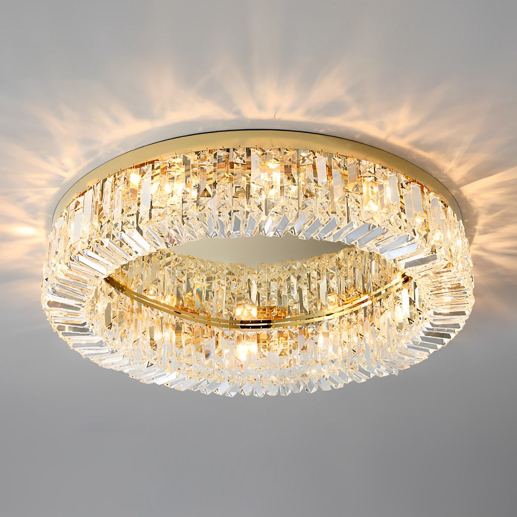 Gold modern crystal ceiling light product view with illuminated crystal ring.