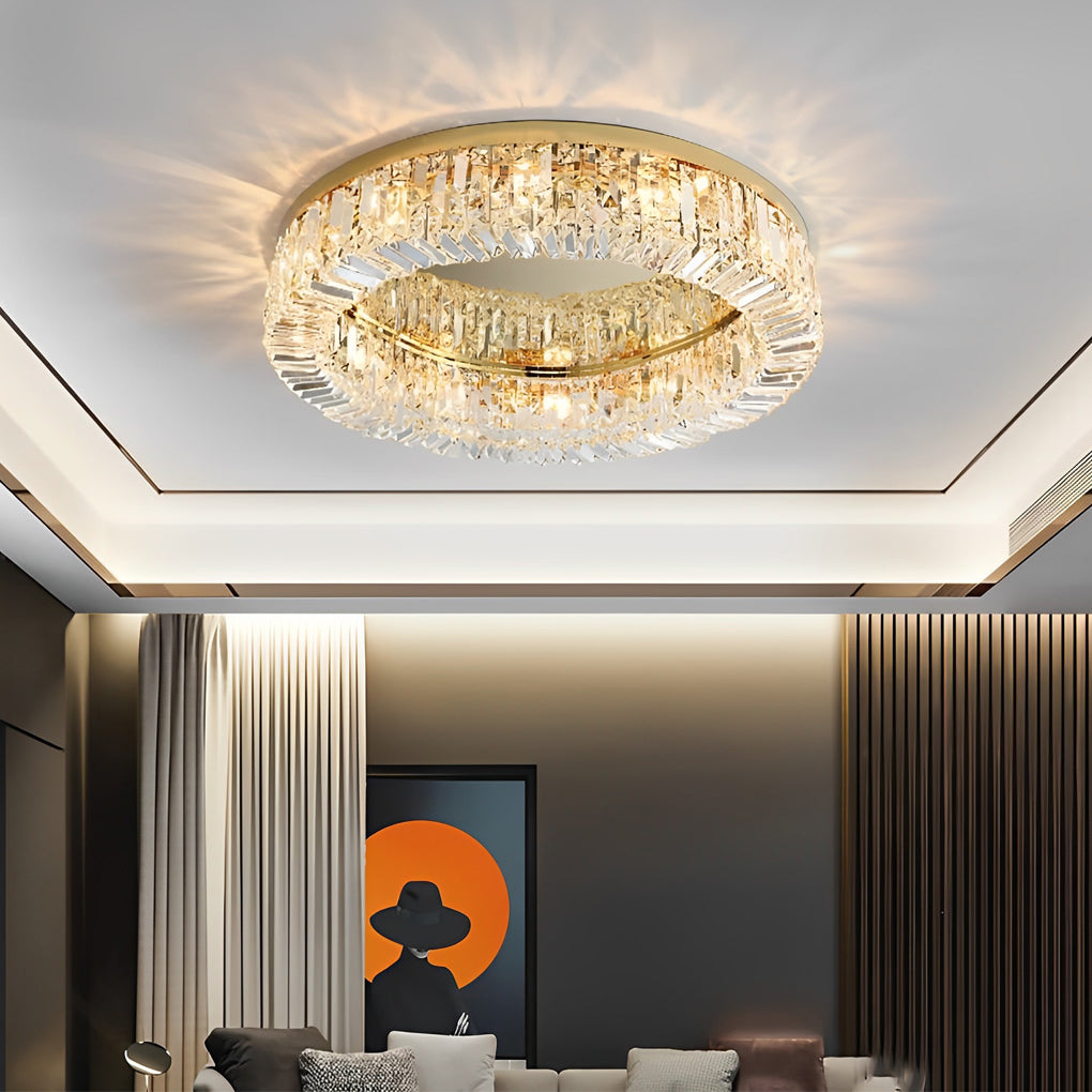 Modern crystal ceiling light creating a warm glow in a contemporary living space.