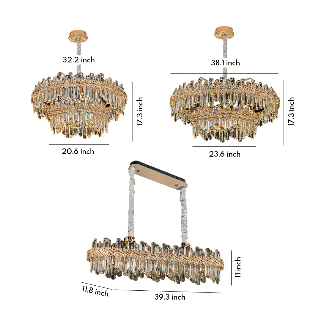 Modern chandelier lamp dimension guide with both round and rectangular crystal styles.