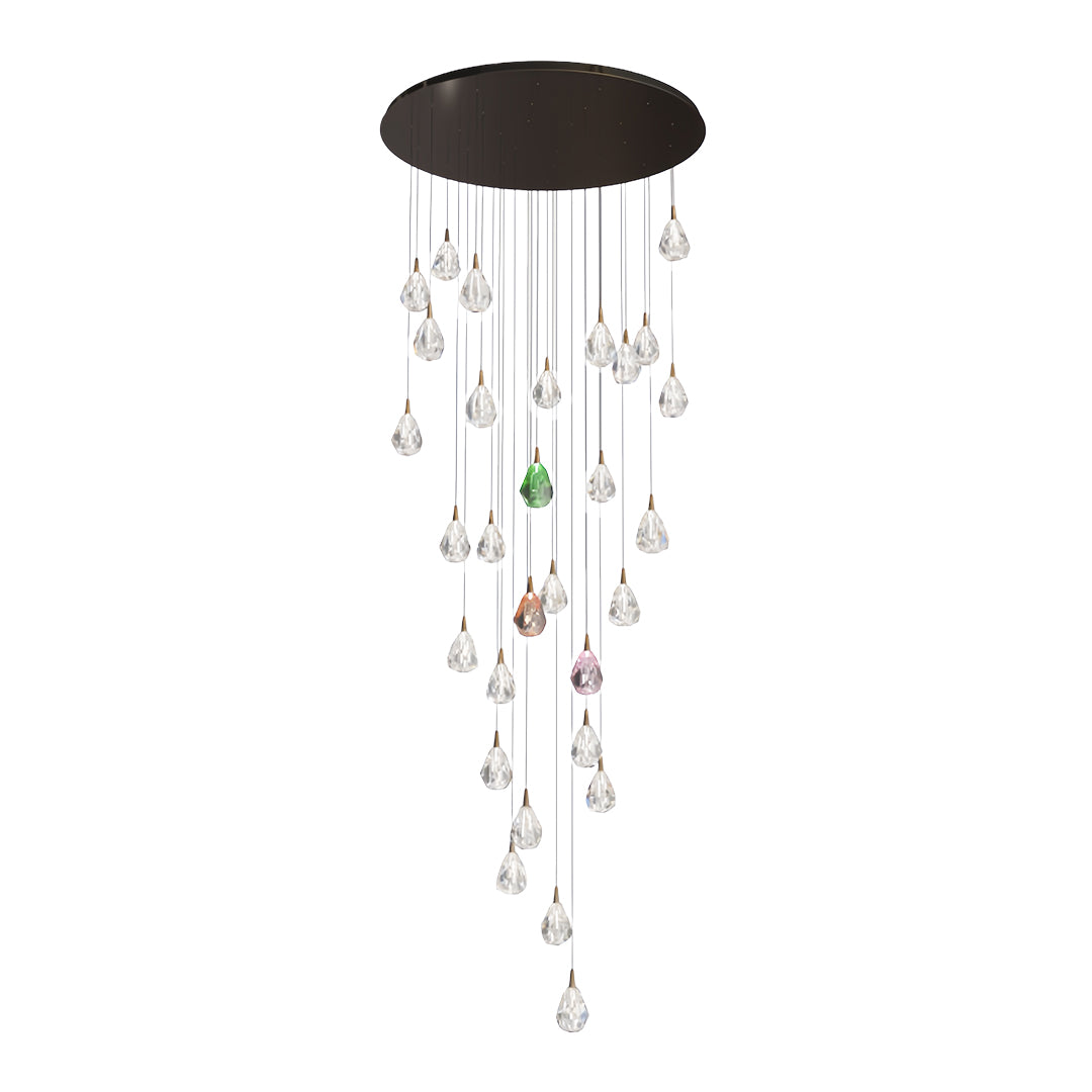 Modern crystal chandelier for staircase showcasing vertical drop arrangement with varied clear glass pendant shapes