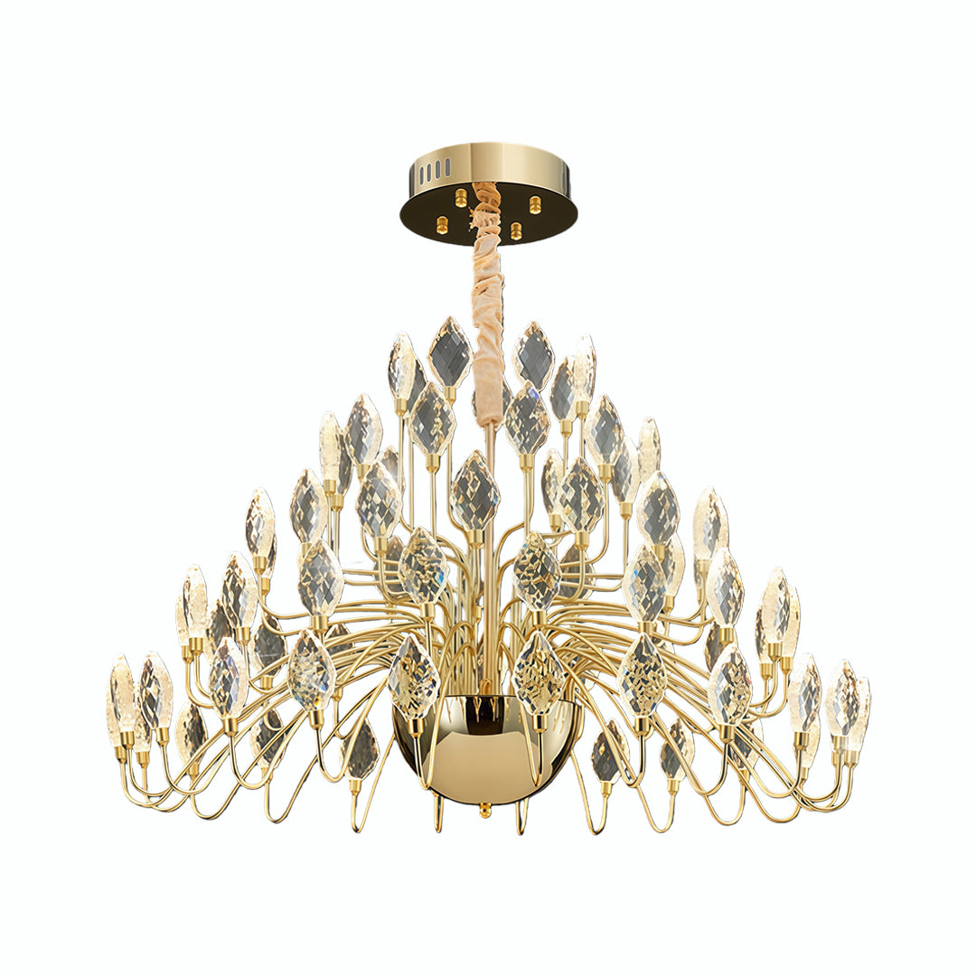 Modern gold crystal LED chandelier with layered design.