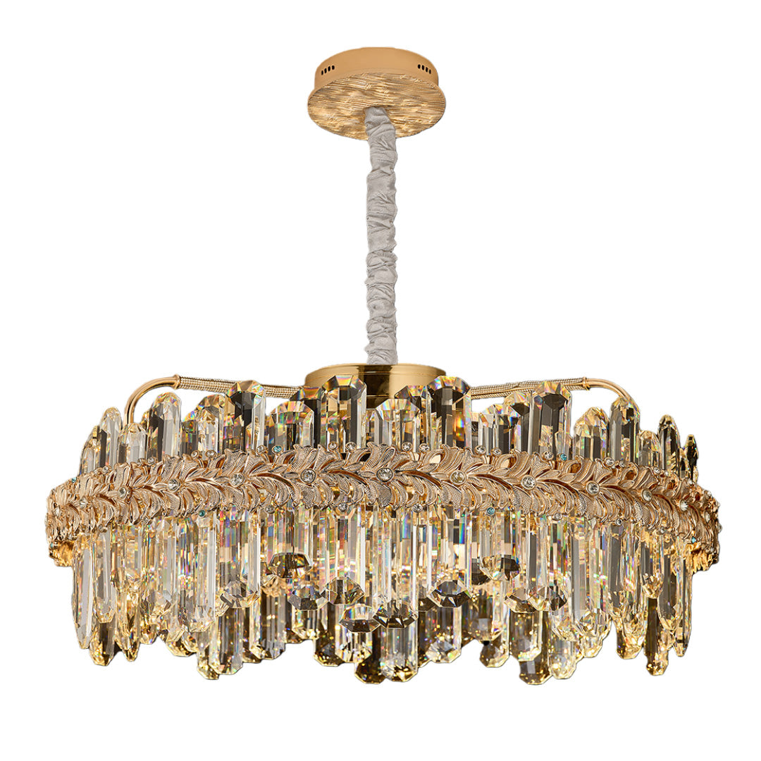 Modern chandelier lamp featuring multiple layers of crystal and gold accents.