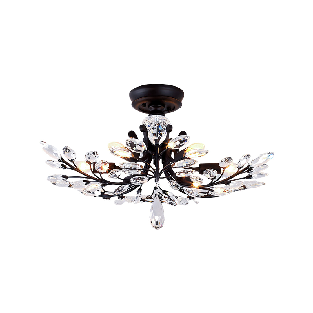 Modern crystal semi flush ceiling light featuring ornate black metalwork and sparkling crystal accents for contemporary spaces