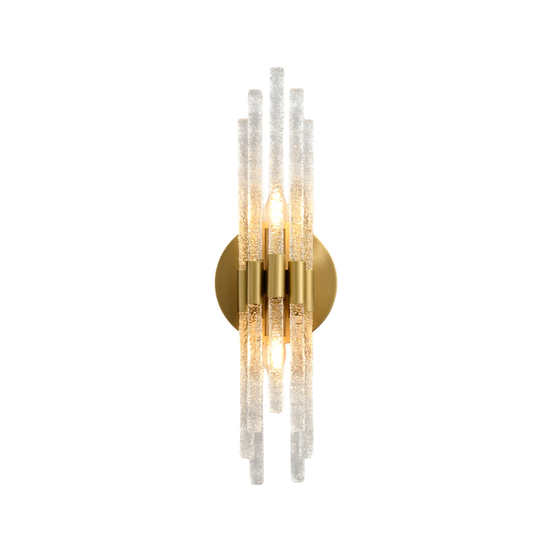 Modern crystal wall light fixture with gold mount and glass tubes isolated on white background